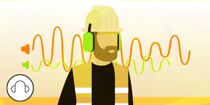Ilustración de un trabajador con casco y comunicaciones protectoras 3M con niveles de ruido variables
