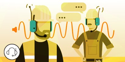Ilustración de 2 trabajadores que se comunican con mucho ruido con auriculares de comunicaciones protectoras 3M
