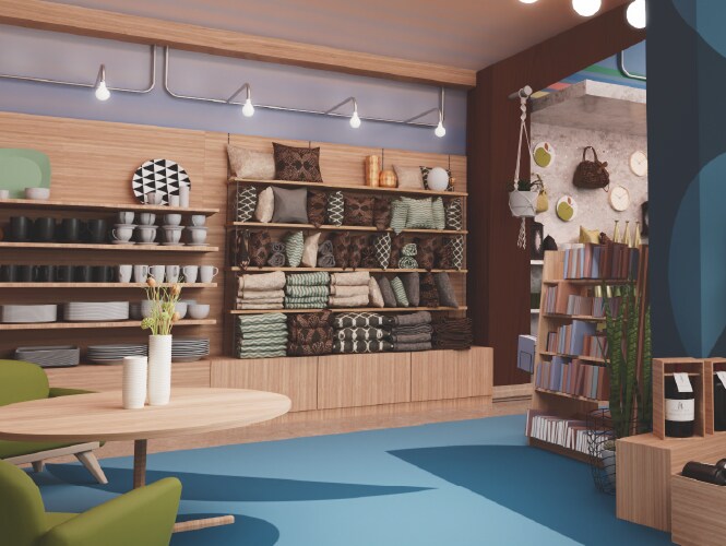Espacio comercial acogedor con estanterías de madera, artículos decorativos y una zona para sentarse, que combina estilo y funcionalidad.
