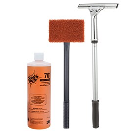 Líquido Scotch-Brite™ para limpiar rápidamente la plancha, almohadilla Scotch-Brite™ para limpiar rápidamente la plancha de servicio pesado, soporte de almohadilla multiusos y limpiacristales.