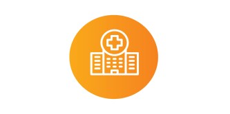 Ícono de un hospital con una cruz médica en la parte superior, dentro de un círculo naranja.

