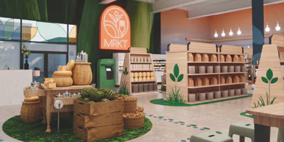  Tiendaminorista com decoraciónecológica, cestas y  estantes, que promueve soluciones gráficas para la imagen de  marca.
