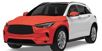 SUV blanco con áreas de protección de pintura resaltadas en rojo.