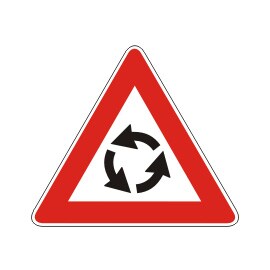 Roundabout warning sign, red outline with white middle and black arrows