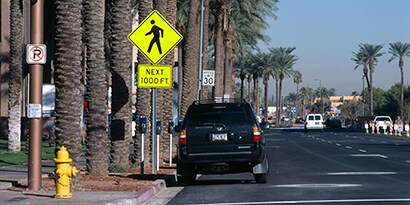Reflective road sign in city
