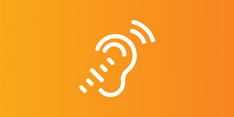 Ícono de una oreja con líneas de sonido, simbolizando audición o comunicación auditiva, con fondo naranja.
