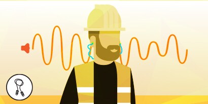Ilustración de un trabajador con casco y tapones auditivos con cable

