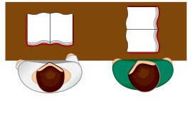 Two people are sitting next to each other; one has an upright book, and the other has a sideways book.